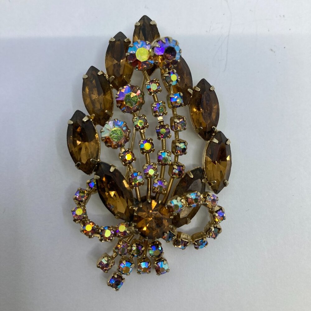 Vtg Continental amber aurora borealis crystal rhinestone brooch